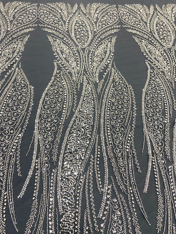 Dantela Couture Argintie pe Tulle Antracit cu Panou, cu Perle, Margele si Paiete