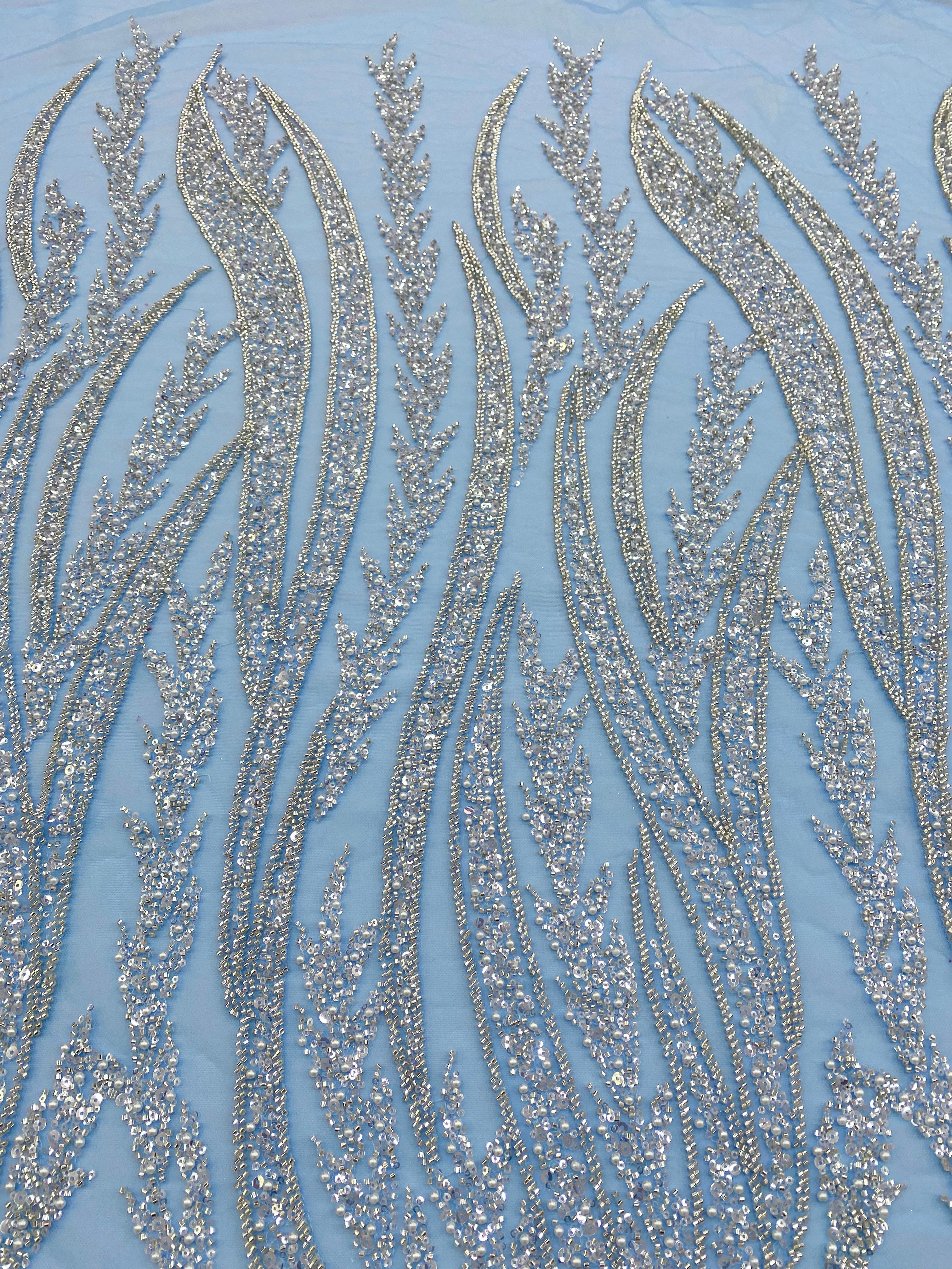 Cupon 0.9 m - Dantela Couture Argintie pe Tulle Bleu, cu Model Simetric, cu Margele si Paiete