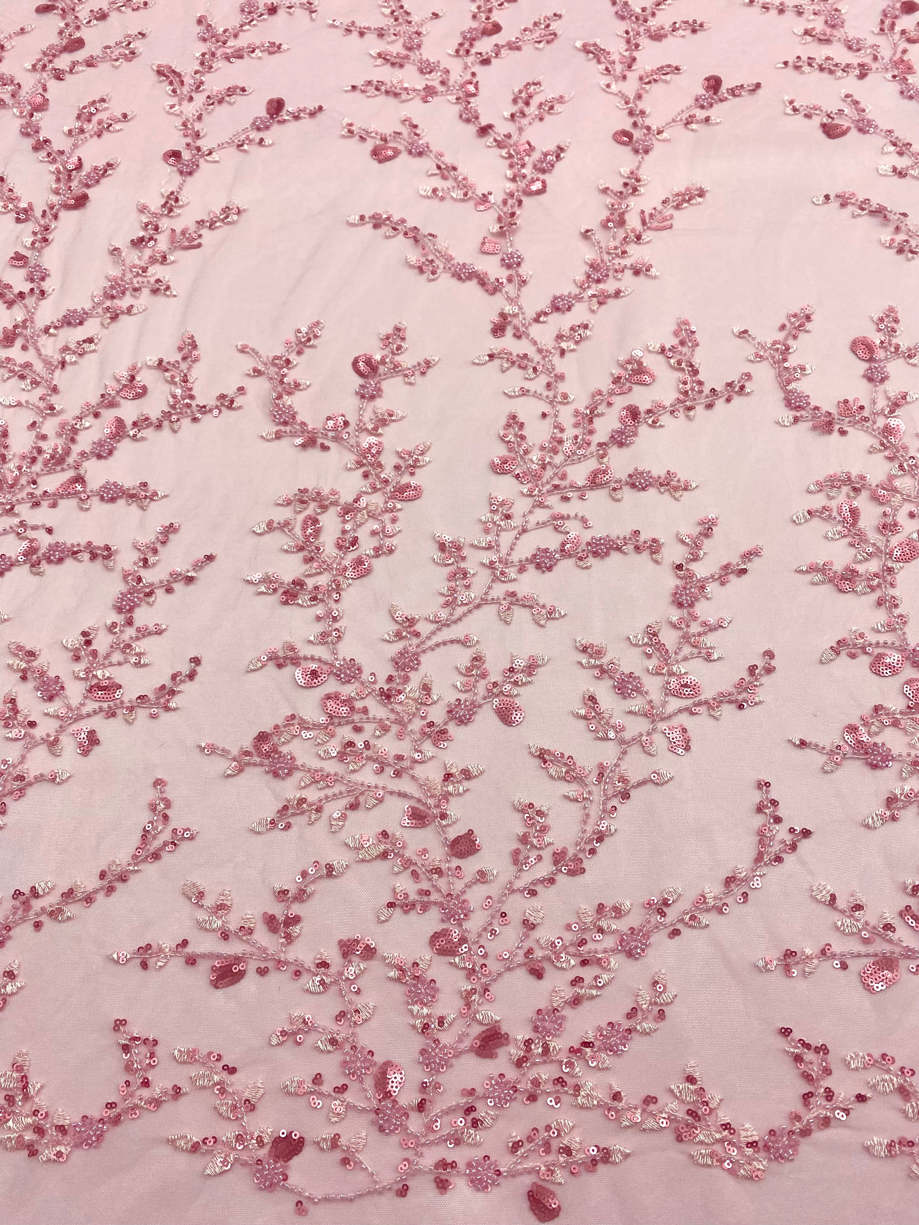 Dantela Couture Roz cu Model Floral, cu Margele si Paiete