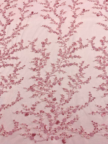 Dantela Couture Roz cu Model Floral, cu Margele si Paiete