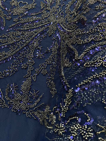 Dantela Couture Bleumarin cu Model Floral, cu Margele si Paiete