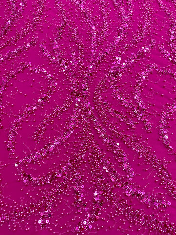 Dantela Couture Fucsia cu Perle, Margele si Paiete