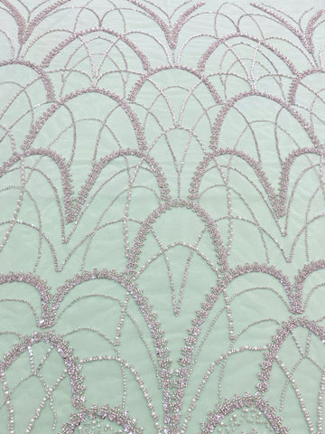 Dantela Couture Argintie pe Tulle Verde Menta cu Model Geometric, cu Perle, Margele si Paiete