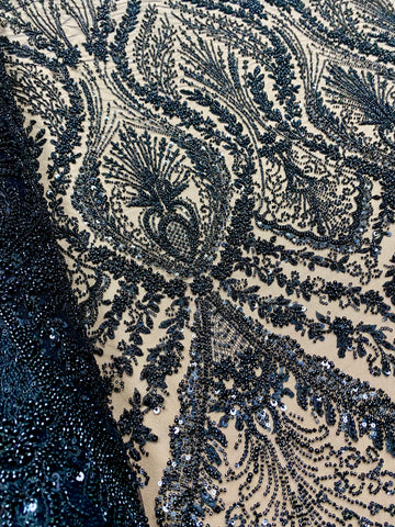 Dantela Couture Neagra cu Model Geometric, cu Perle, Margele si Paiete