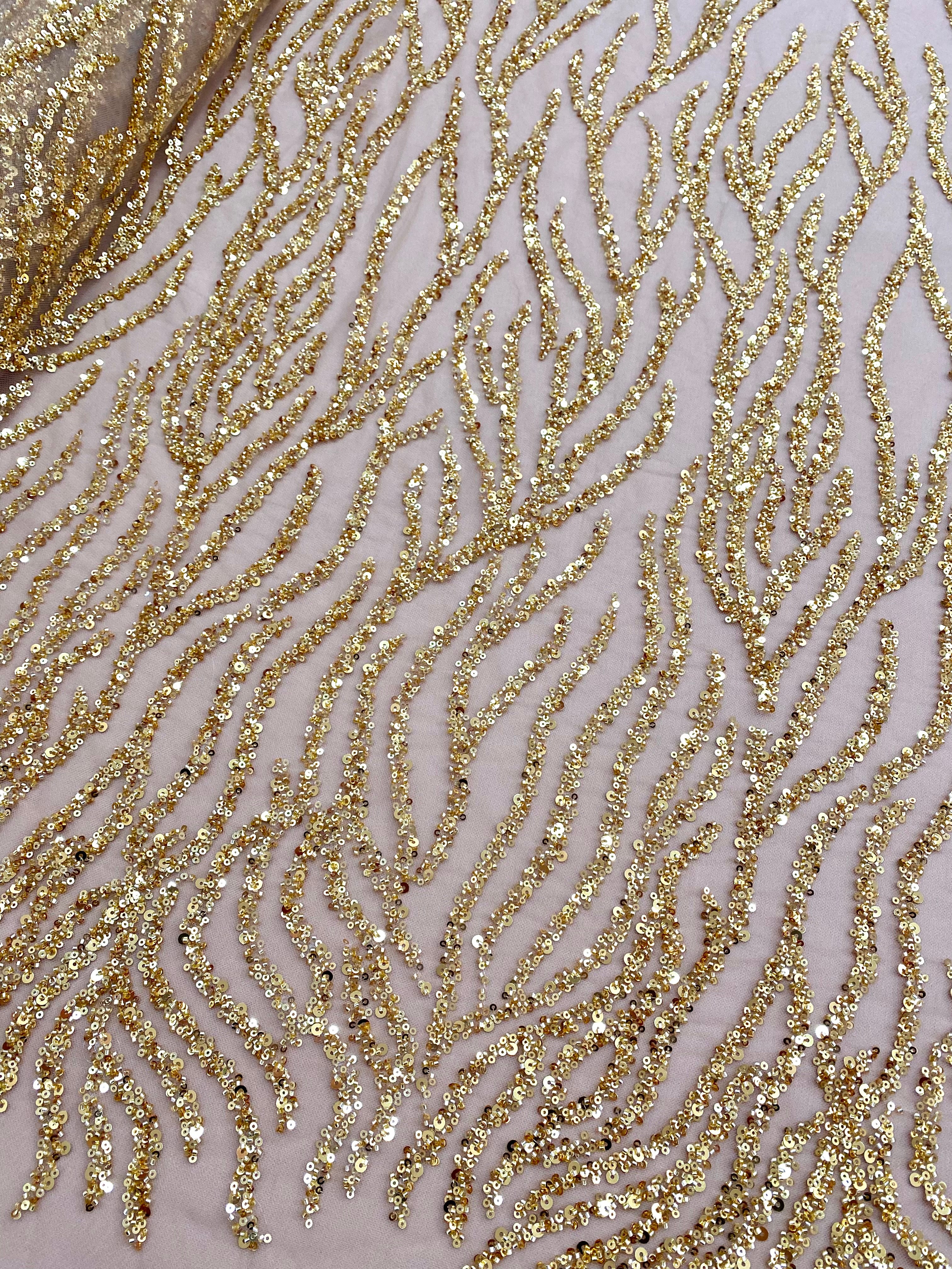 Dantela Couture Aurie cu Siraguri, cu Margele si Paiete