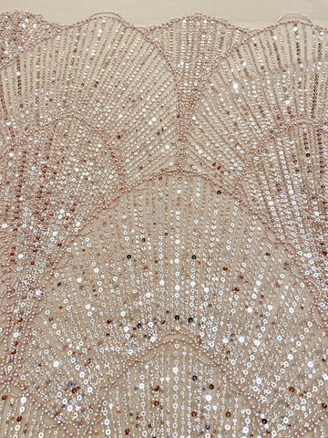 Dantela Couture Auriu Rose cu Model Geometric, cu Perle, Margele si Paiete