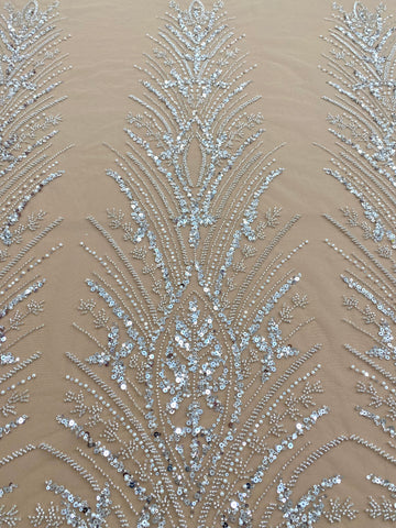 Dantela Couture Argintie cu Tulle Nude cu Panou, cu Perle, Margele si Paiete