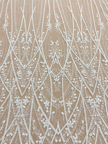 Dantela Couture Ivory cu Model Geometric, cu Perle, Margele si Paiete