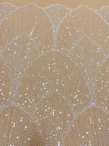 Dantela Couture Ivory cu Tulle Nude cu Model Geometric, cu Perle, Margele si Paiete