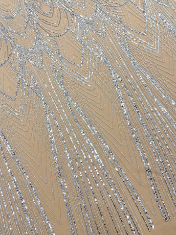 Dantela Couture Argintie pe Tulle Nude cu Panou, cu Margele si Paiete