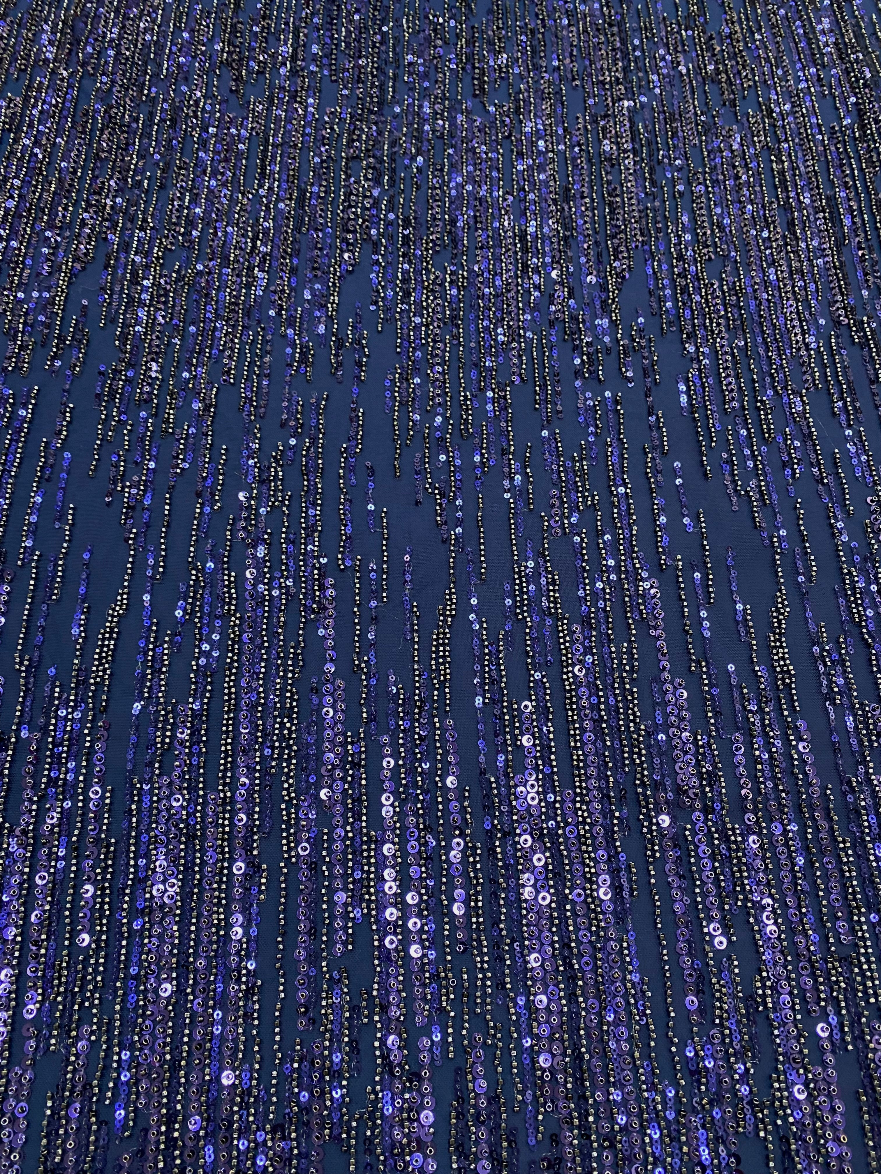 Dantela Couture Bleumarin cu Model Liniar, cu Margele si Paiete