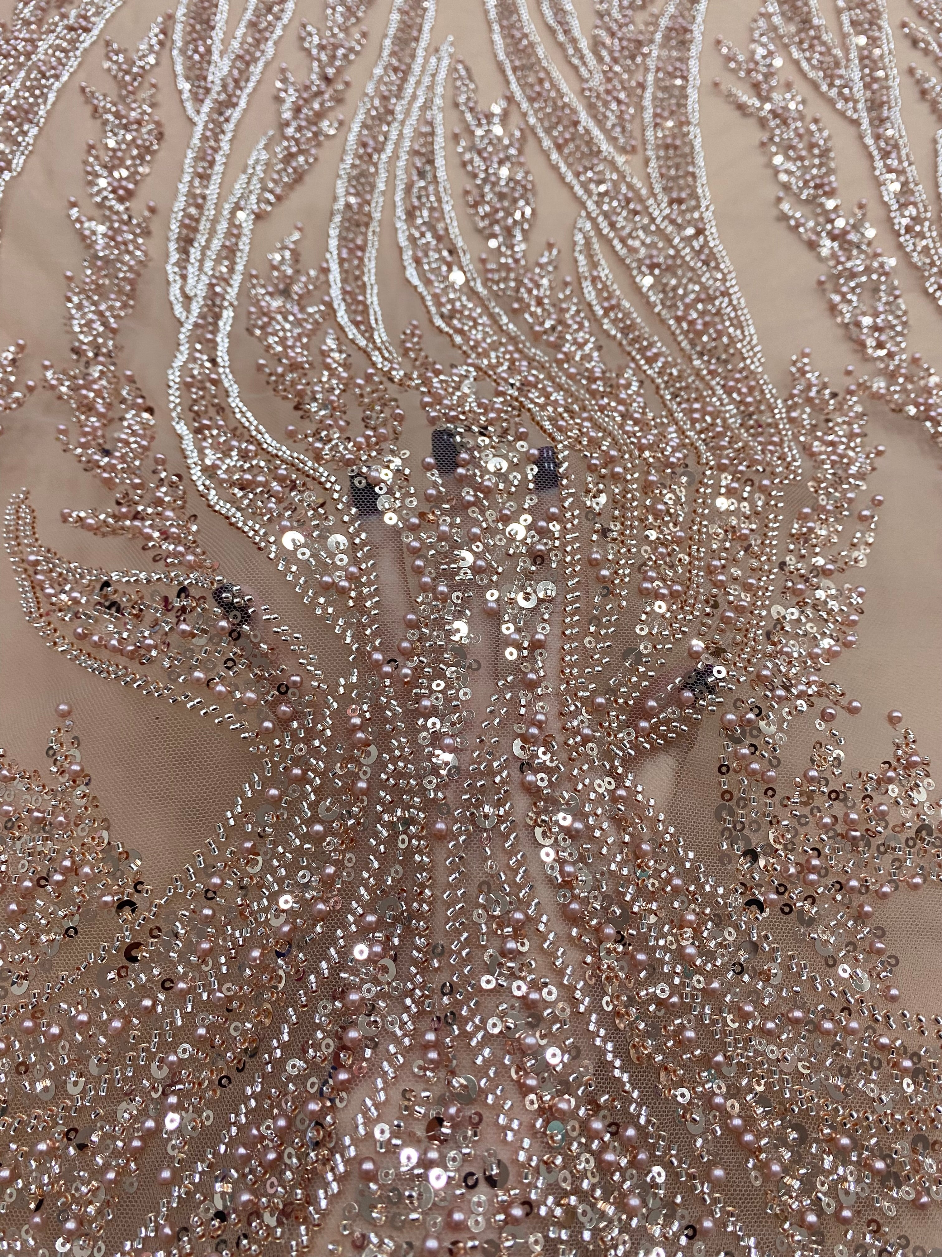 Dantela Couture Auriu Rose cu Panou, cu Perle, Margele si Paiete