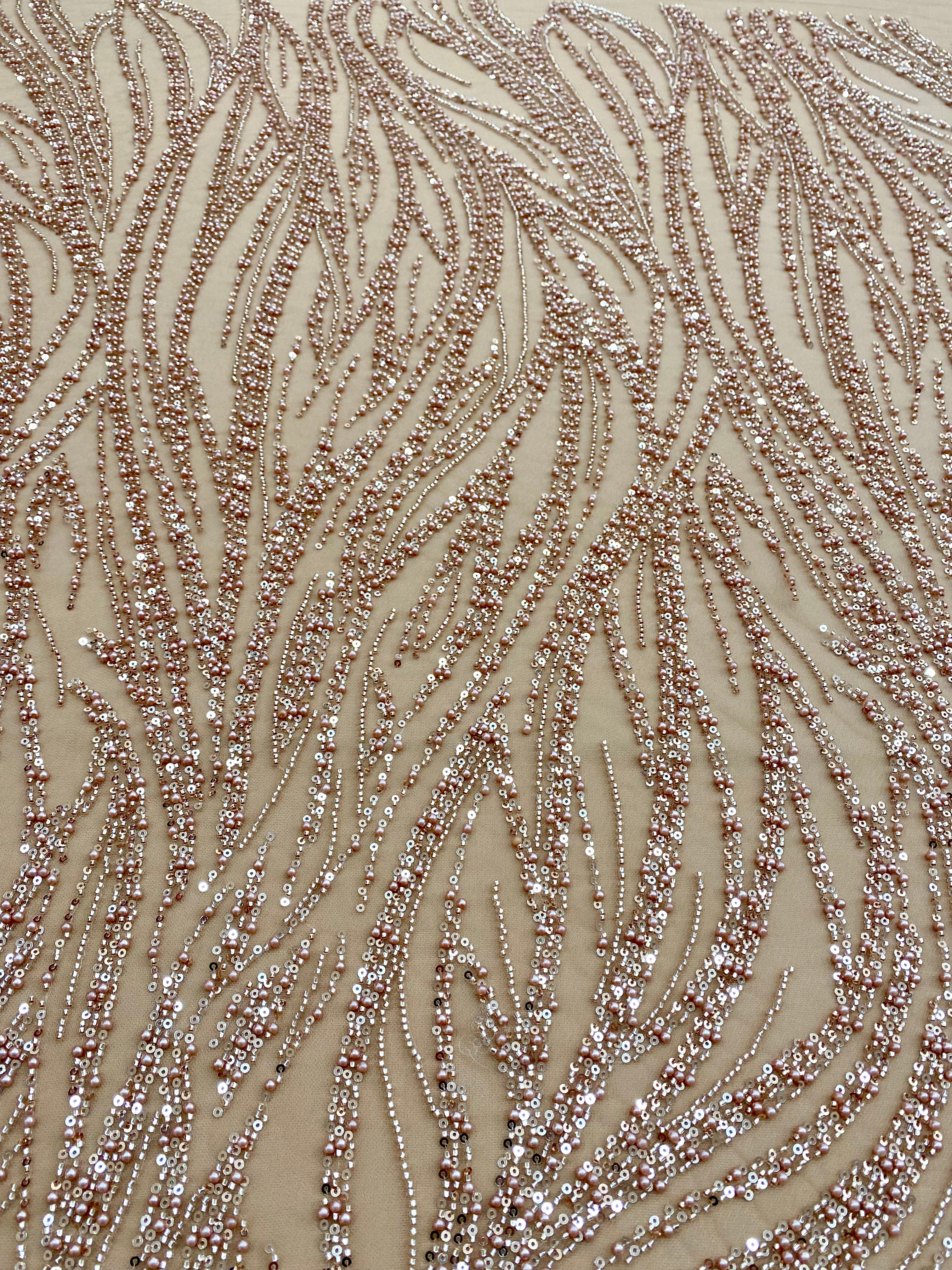 Dantela Couture Auriu Rose cu Model Liniar, cu Margele si Paiete