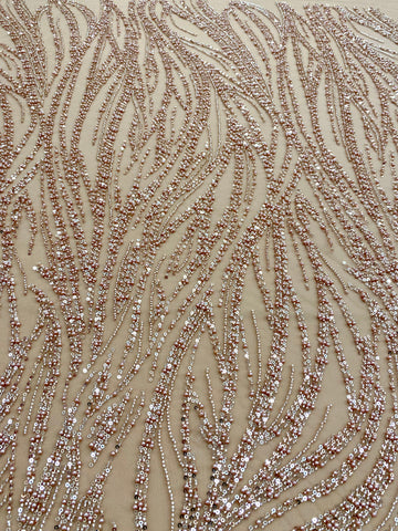 Dantela Couture Auriu Rose cu Model Liniar, cu Margele si Paiete