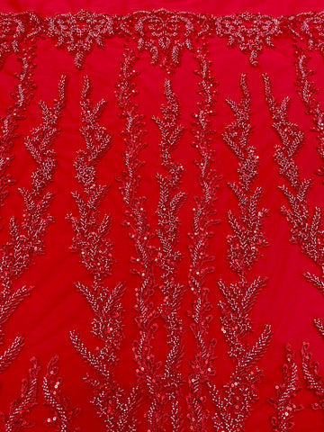 Piros Couture csipke geometriai mintával, gyöngyökkel, gyöngyöcskékkel és flitterekkel