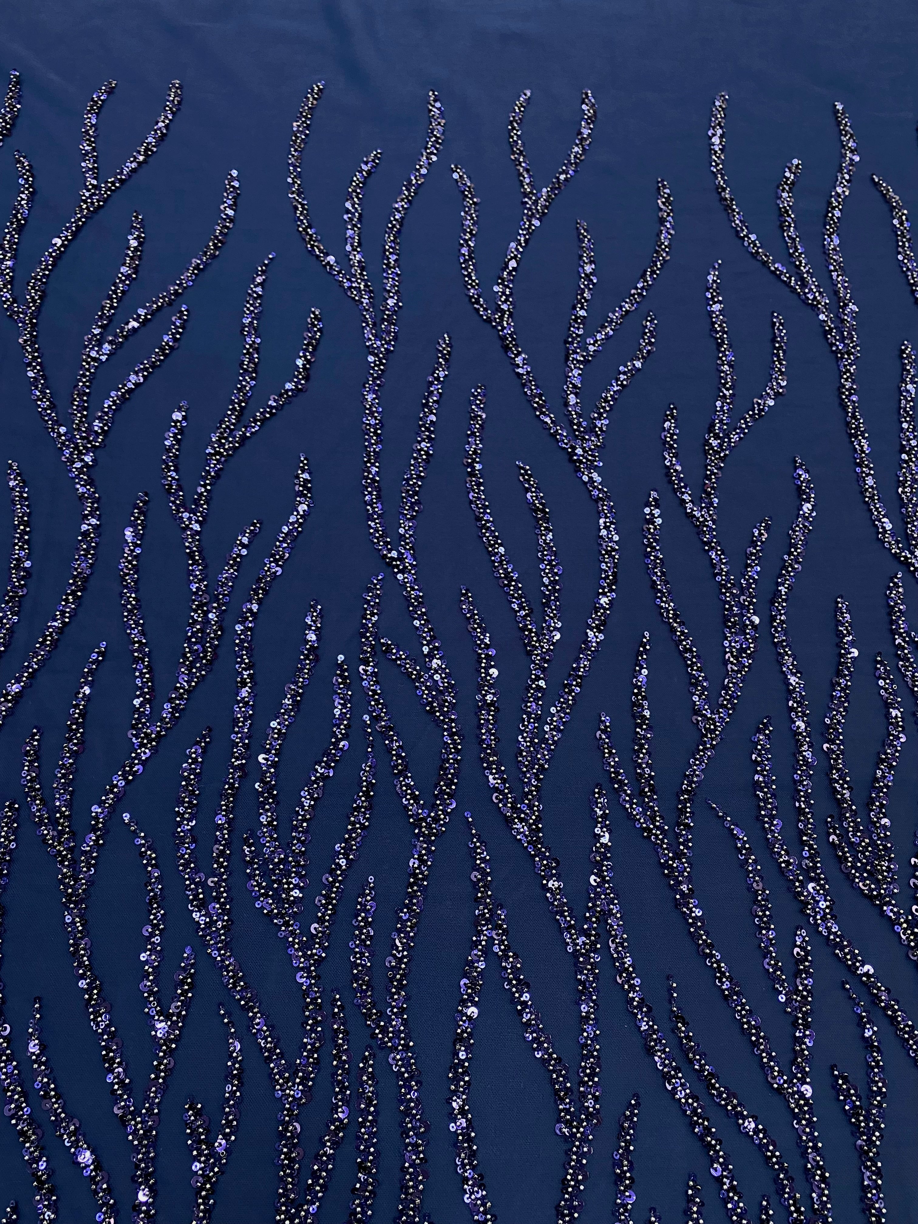 Dantela Couture Bleumarin cu Siraguri, cu Margele si Paiete