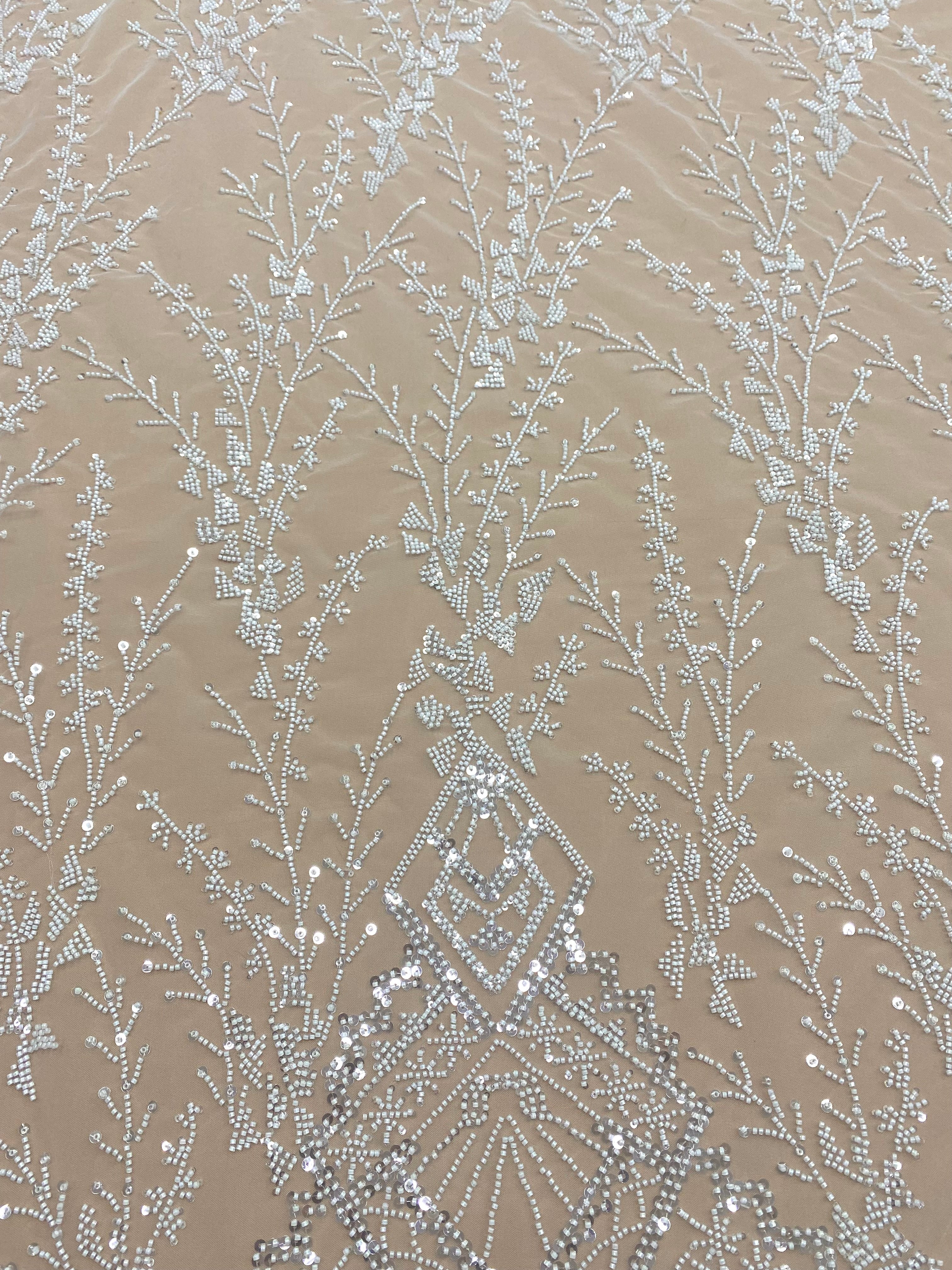 Dantela Couture Ivory cu Model Geometric, cu Margele si Paiete