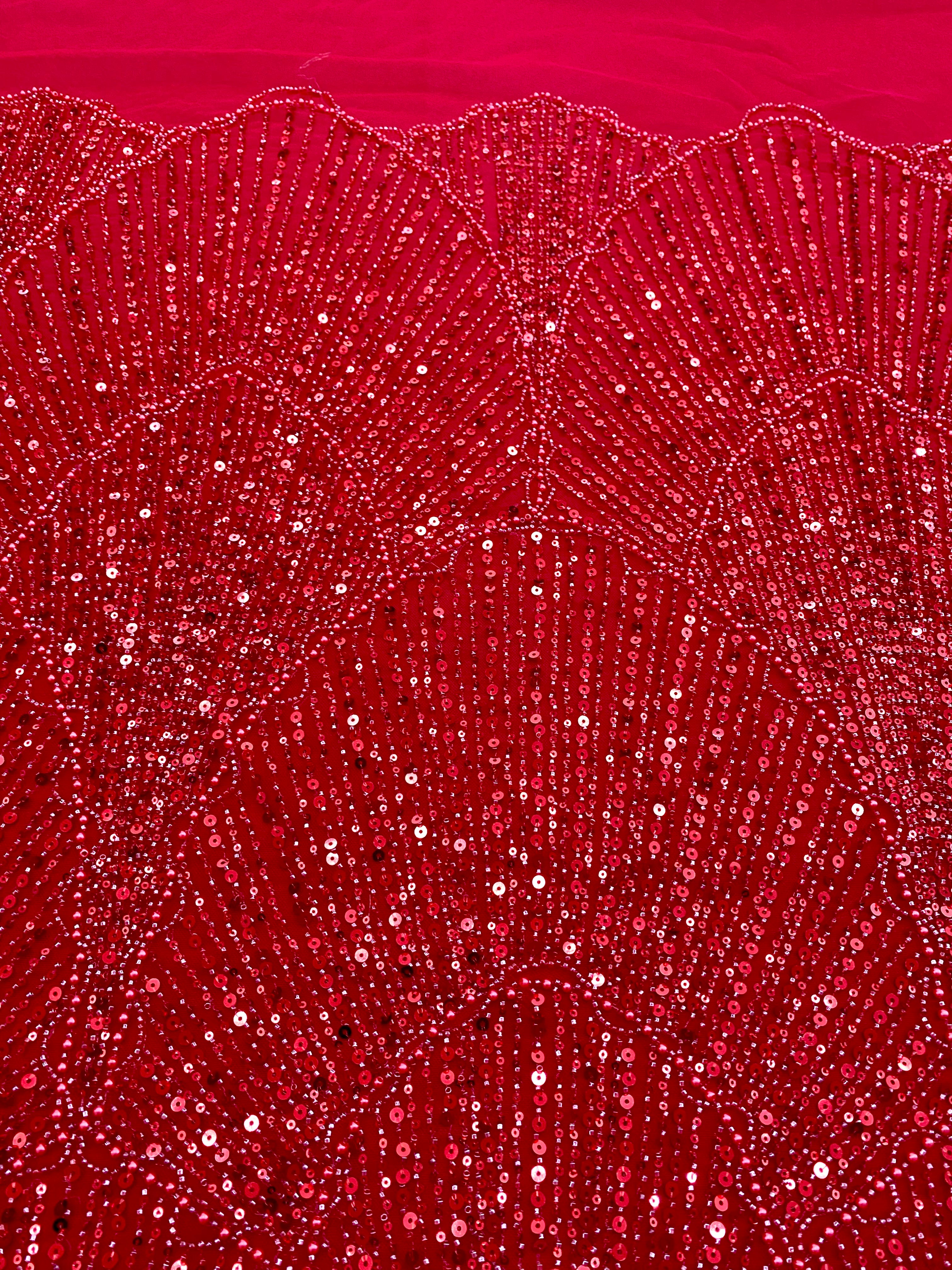 Dantela Couture Rosie cu Model Geometric, cu Perle, Margele si Paiete