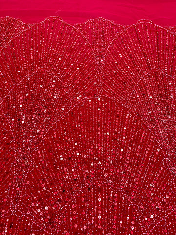 Dantela Couture Rosie cu Model Geometric, cu Perle, Margele si Paiete