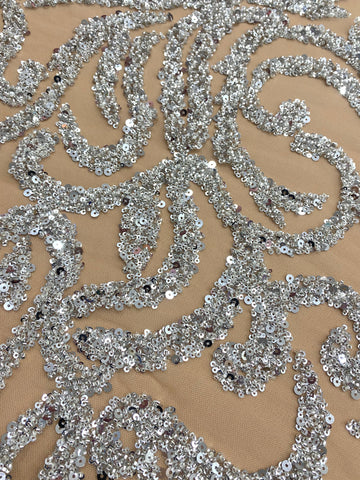 Dantela Couture Argintie pe Tulle Nude cu Margele si Paiete