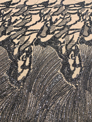 Dantela Couture Neagra cu Model Geometric, cu Margele si Paiete