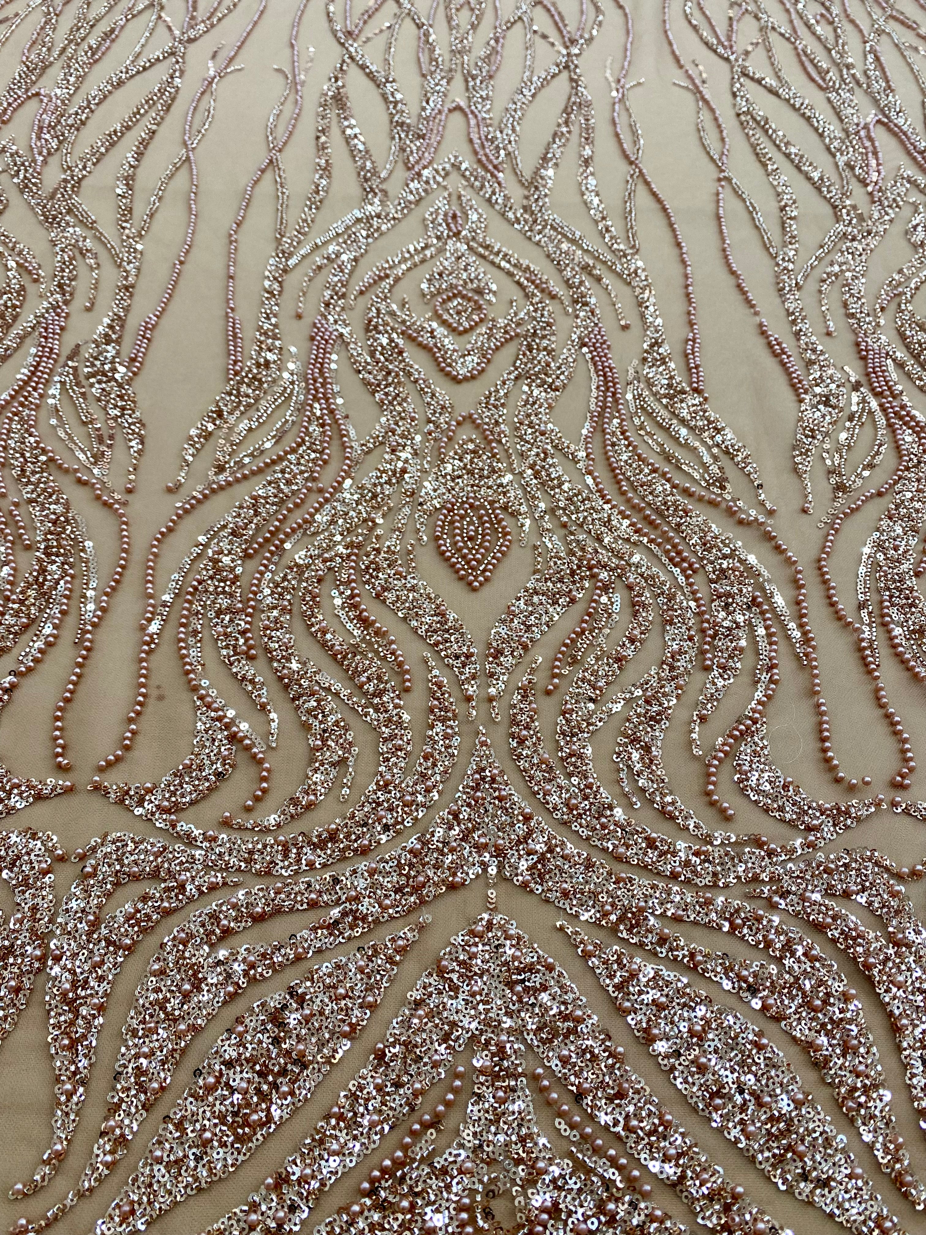 Dantela Couture Auriu Rose cu Model Geometric, cu Perle, Margele si Paiete