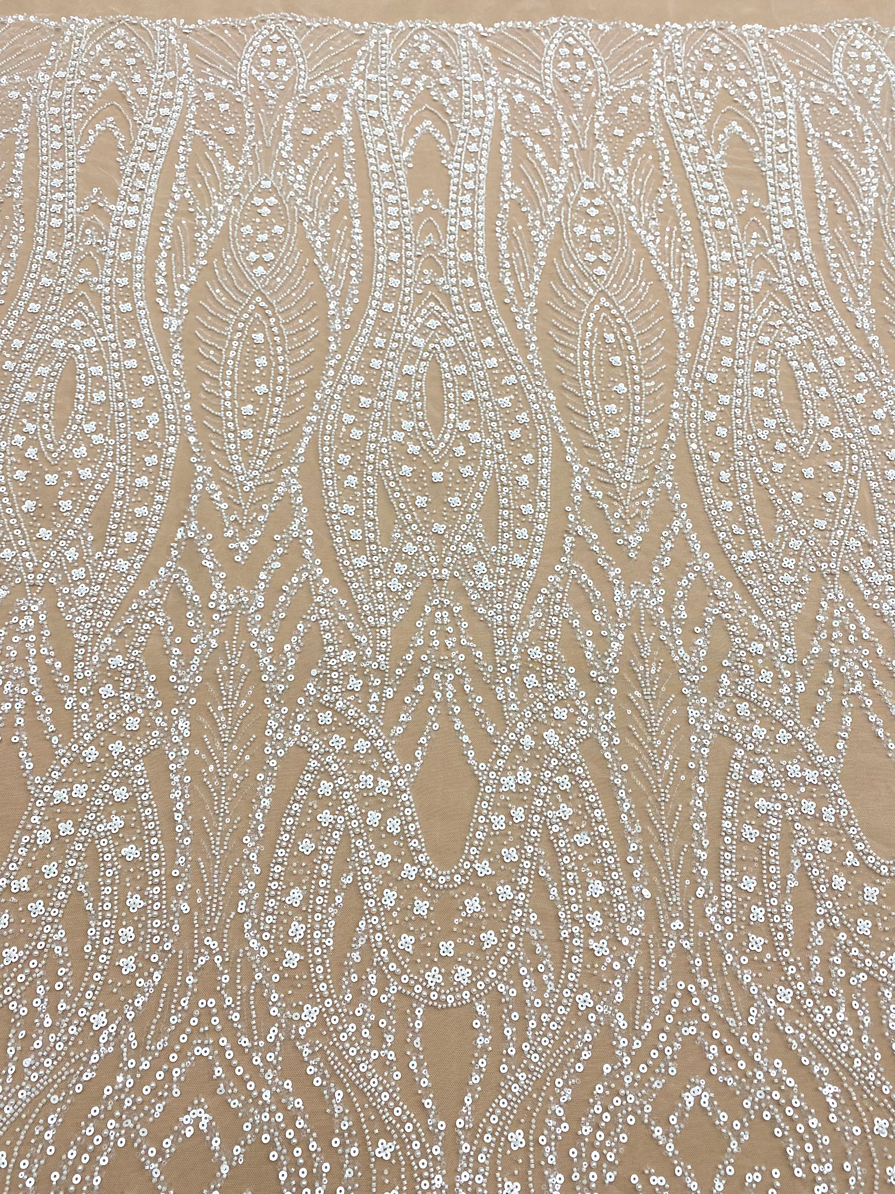 Dantela Couture Ivory cu Model Geometric, cu Perle, Margele si Paiete