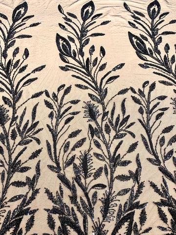 Dantela Couture Neagra cu Model Floral, cu Perle, Margele si Paiete