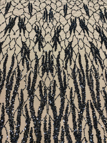 Dantela Couture Neagra cu Siraguri, cu Perle, Margele si Paiete