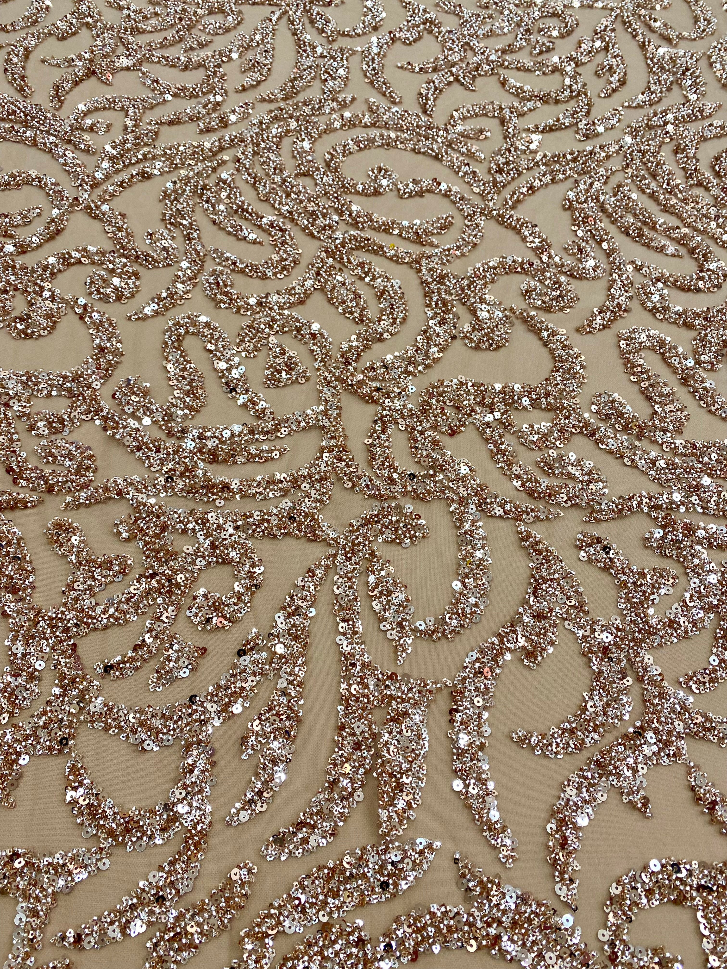 Dantela Couture Auriu Rose cu Model Geometric, cu Margele si Paiete