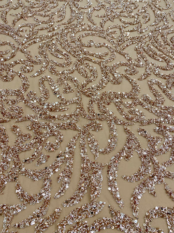 Dantela Couture Auriu Rose cu Model Geometric, cu Margele si Paiete