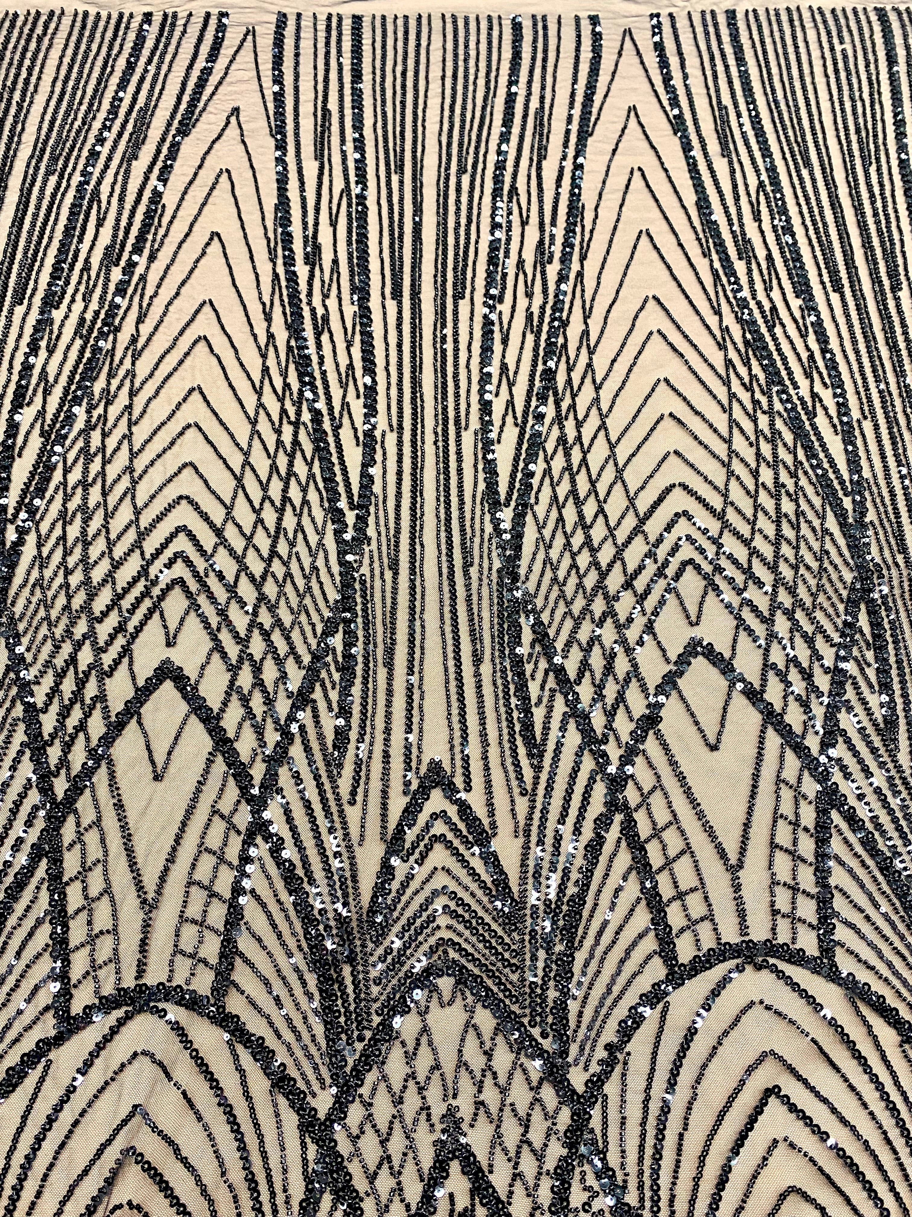 Dantela Couture Neagra cu Panou, cu Margele si Paiete