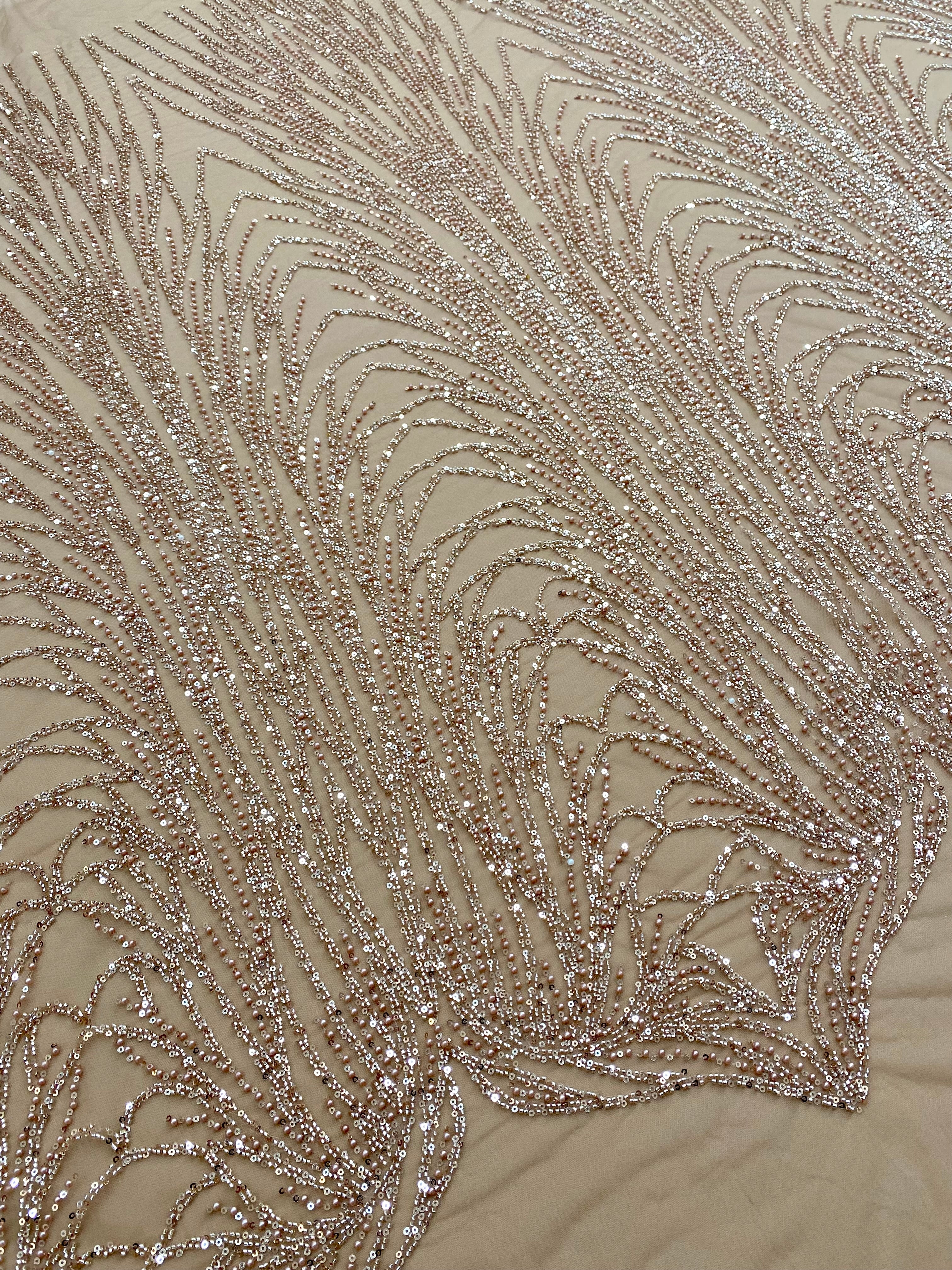 Dantela Couture Auriu Rose cu Model Liniar, cu Margele si Paiete