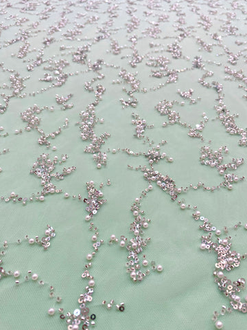 Dantela Couture Argintie pe Tulle Verde Menta cu Perle, Margele si Paiete