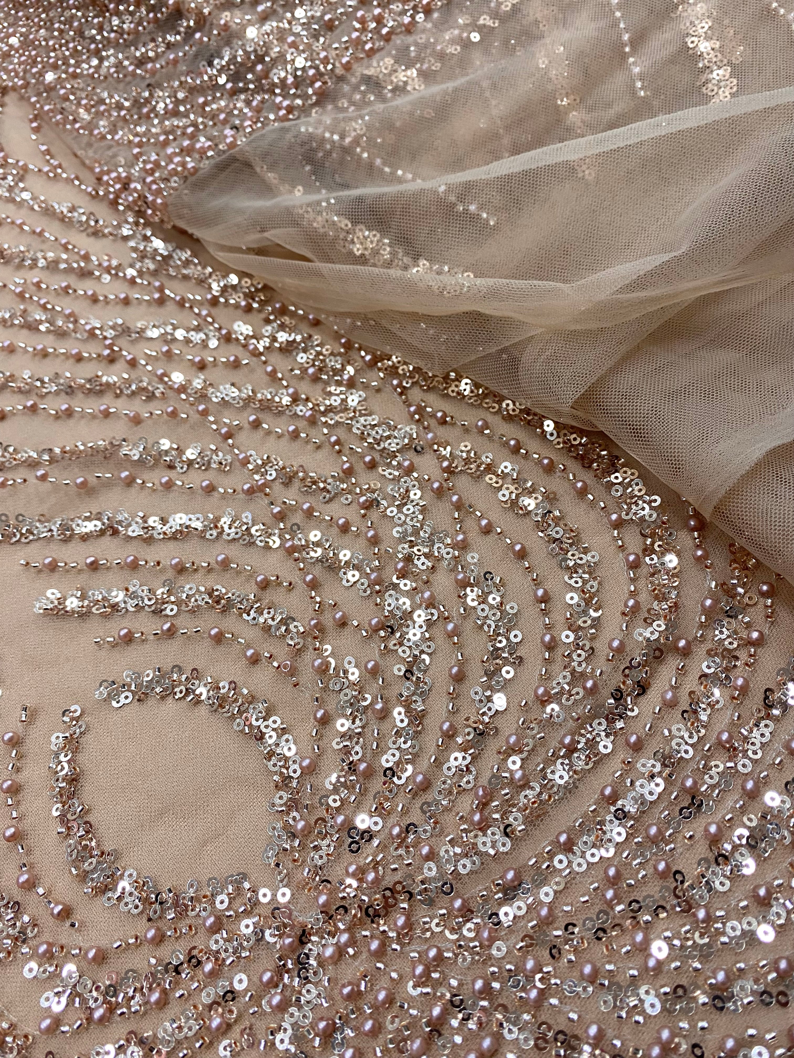 Dantela Couture Auriu Rose cu Panou, cu Perle, Margele si Paiete