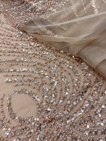 Dantela Couture Auriu Rose cu Panou, cu Perle, Margele si Paiete