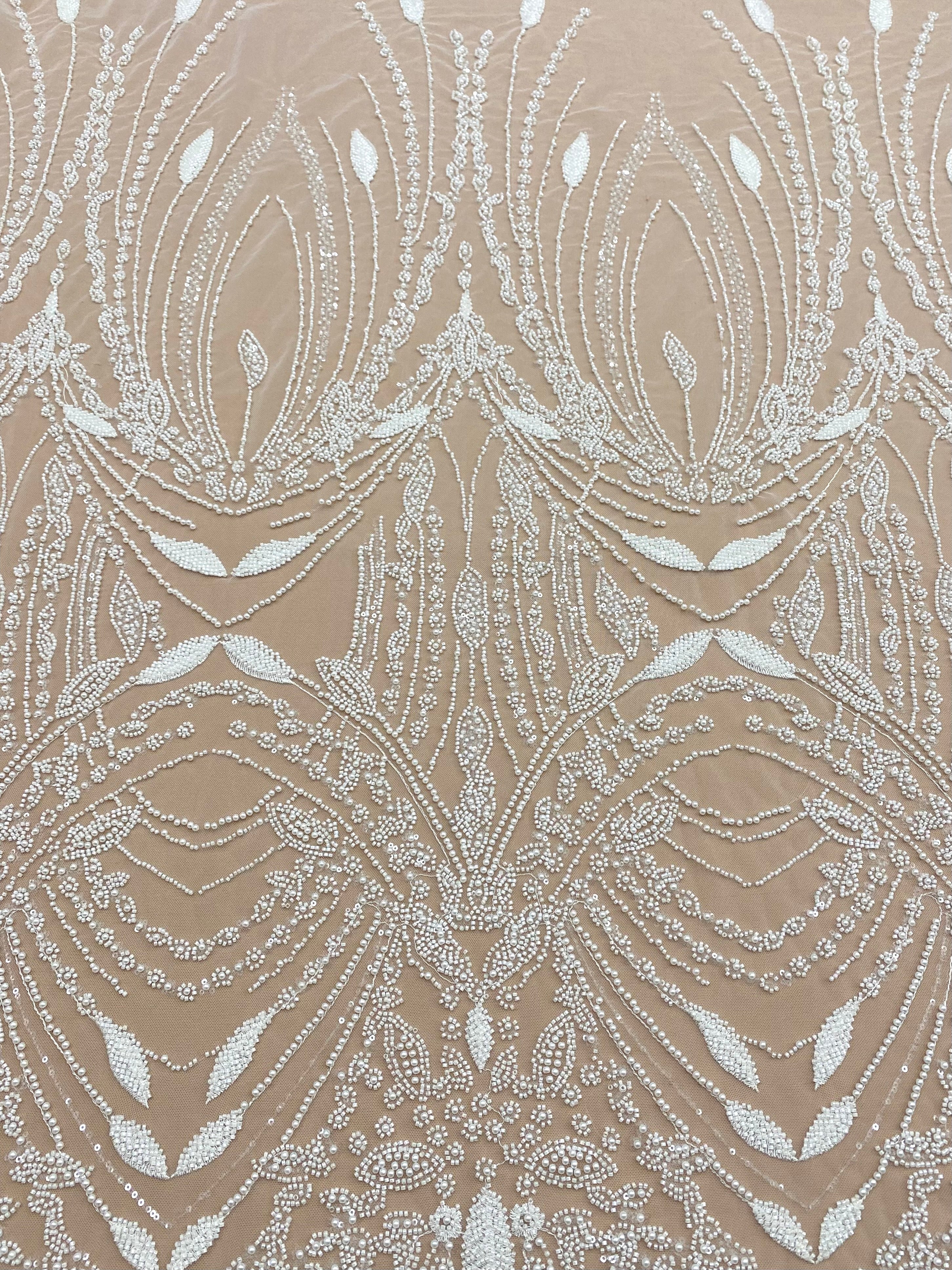 Dantela Couture Ivory cu Model Geometric, cu Perle, Margele si Paiete