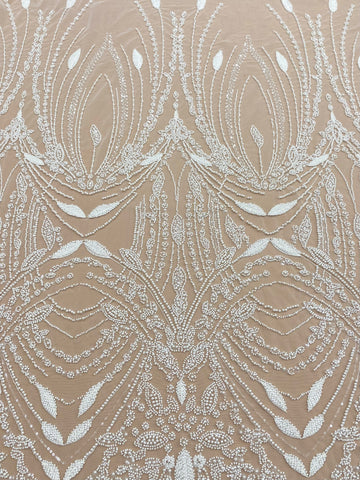 Dantela Couture Ivory cu Model Geometric, cu Perle, Margele si Paiete