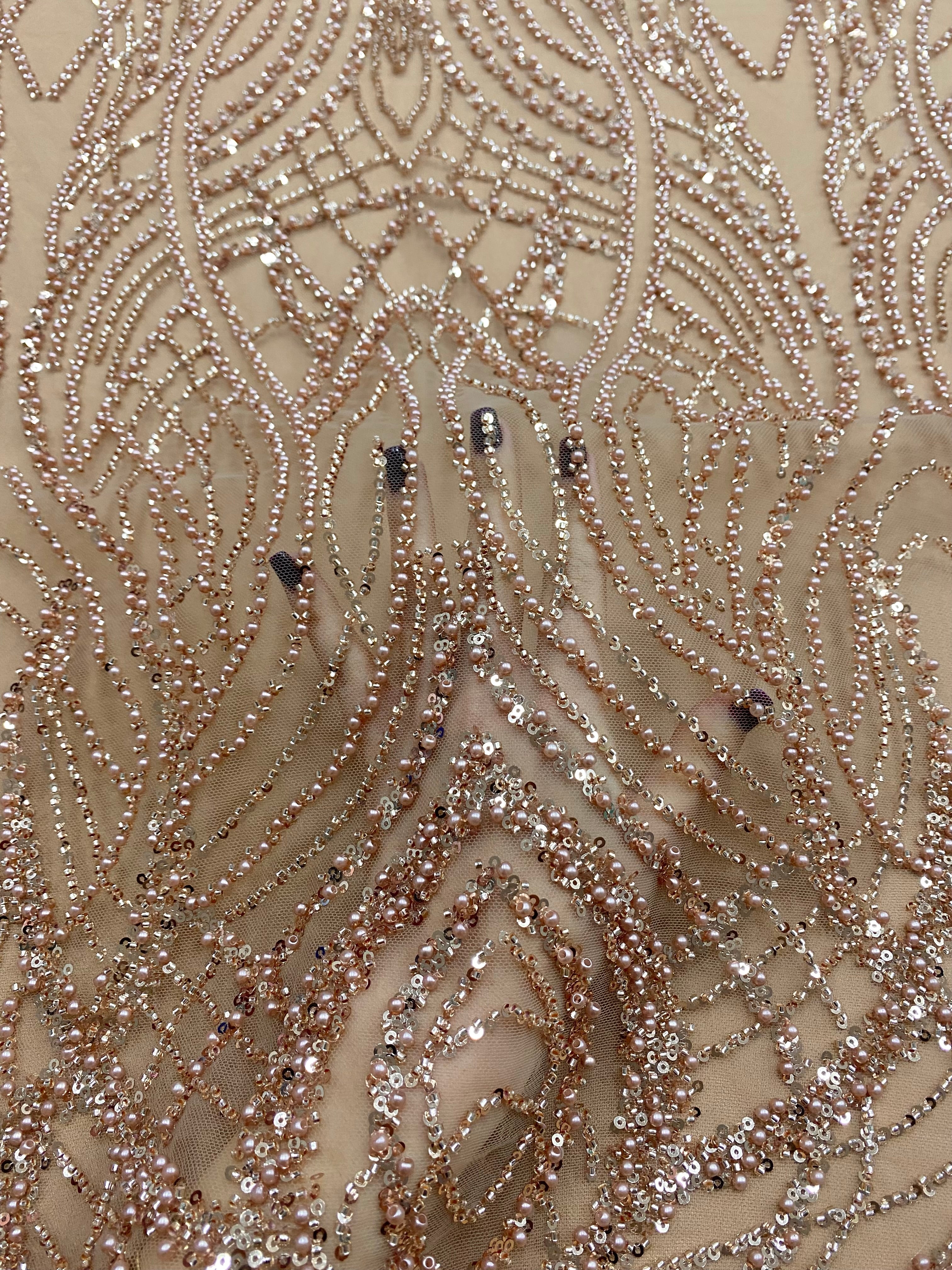 Dantela Couture Auriu Rose cu Perle, Margele si Paiete