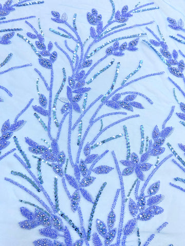 Dantela Couture Sky Blue cu Model Floral, Perle, Margele si Paiete