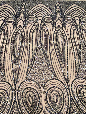 Dantela Couture Neagra cu Model Geometric, cu Perle, Margele si Paiete