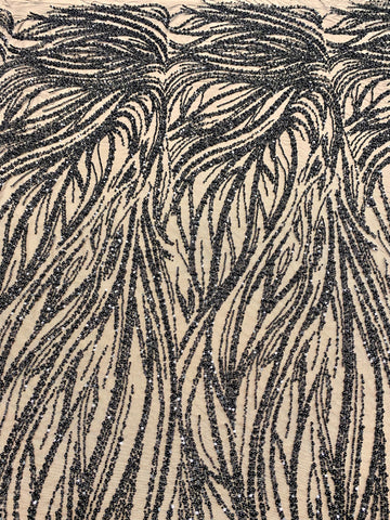 Dantela Couture Neagra cu Model Geometric, cu Perle, Margele si Paiete