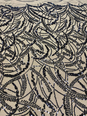 Dantela Couture Neagra cu Model Geometric, Margele si Paiete