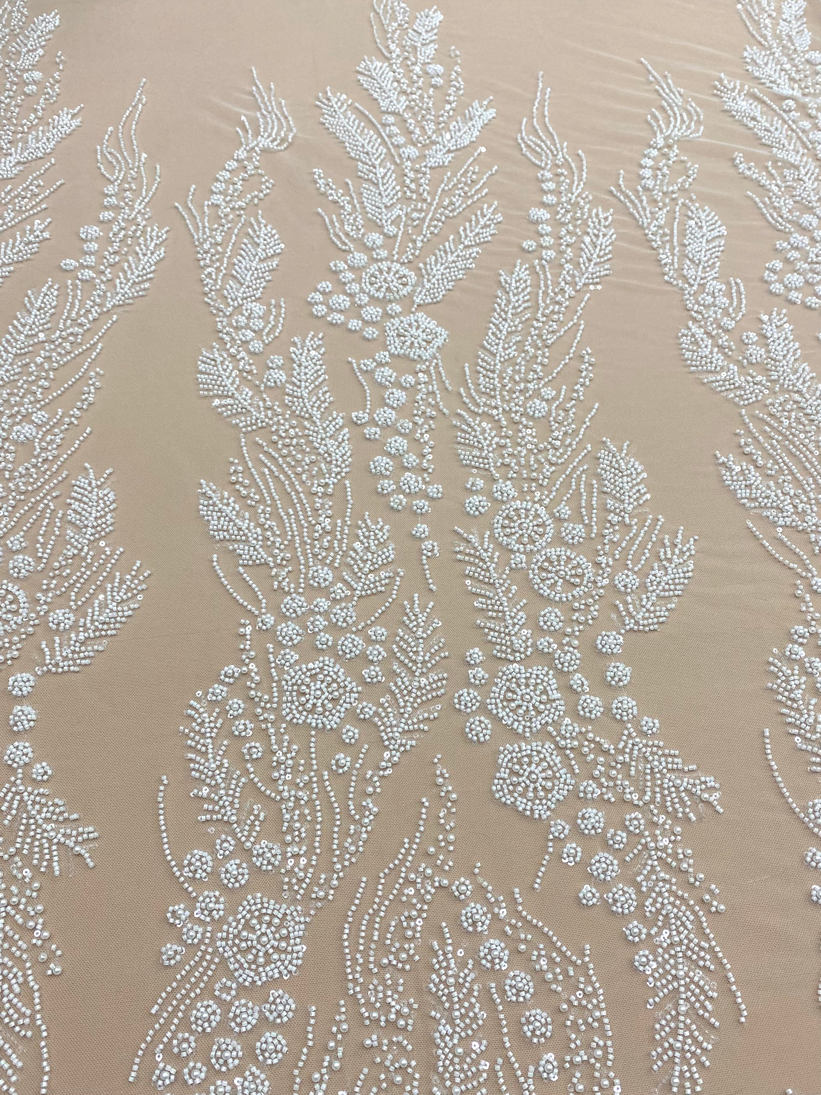 Dantela Couture Ivory cu Model Floral, Perle, Margele si Paiete