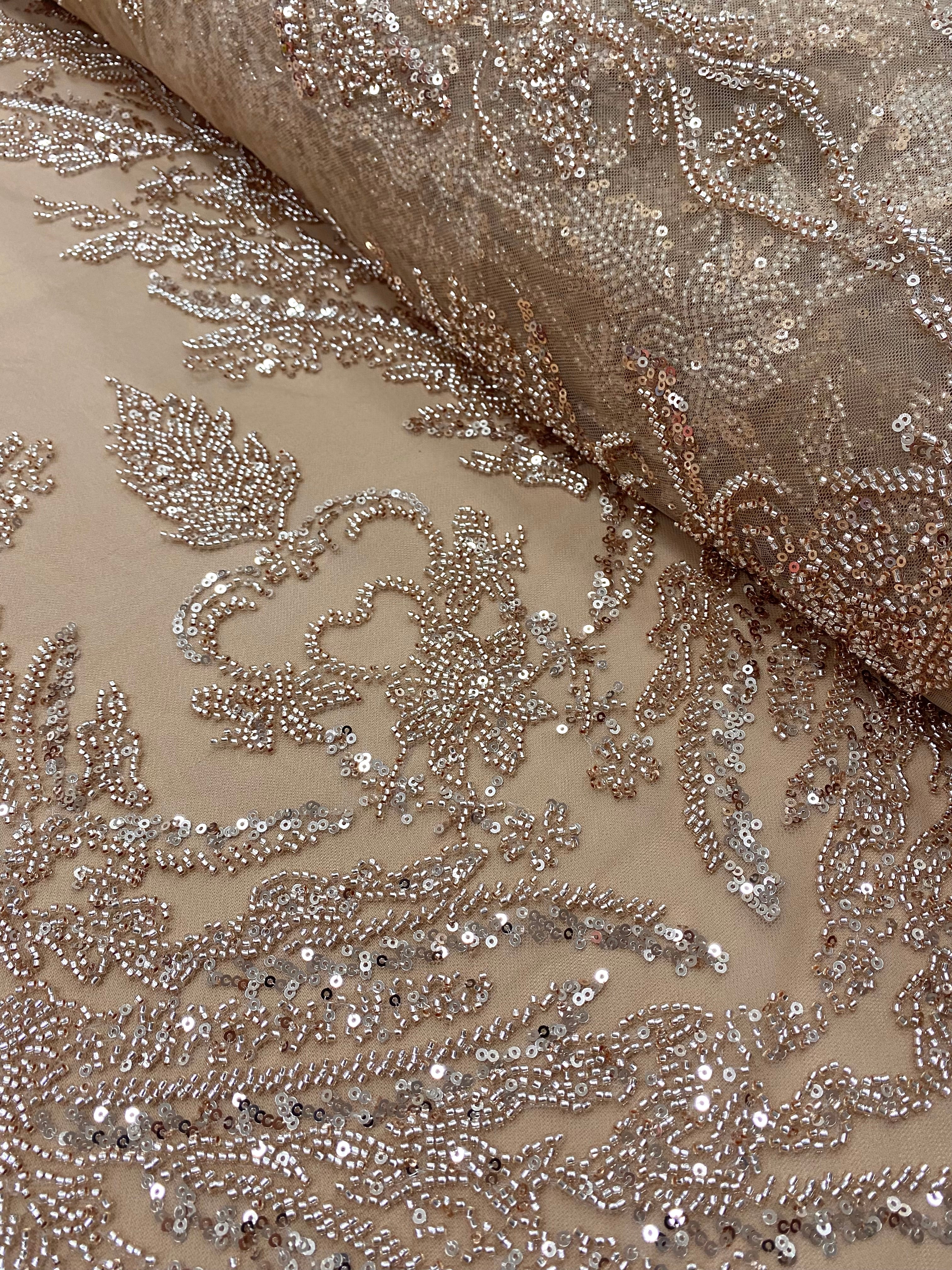 Dantela Couture Auriu Rose cu Model Floral, cu Margele si Paiete