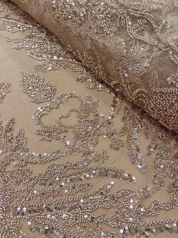 Dantela Couture Auriu Rose cu Model Floral, cu Margele si Paiete