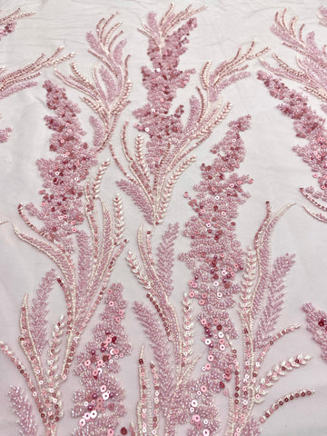 Dantela Couture Roz cu Model Floral cu Perle, Margele si Paiete