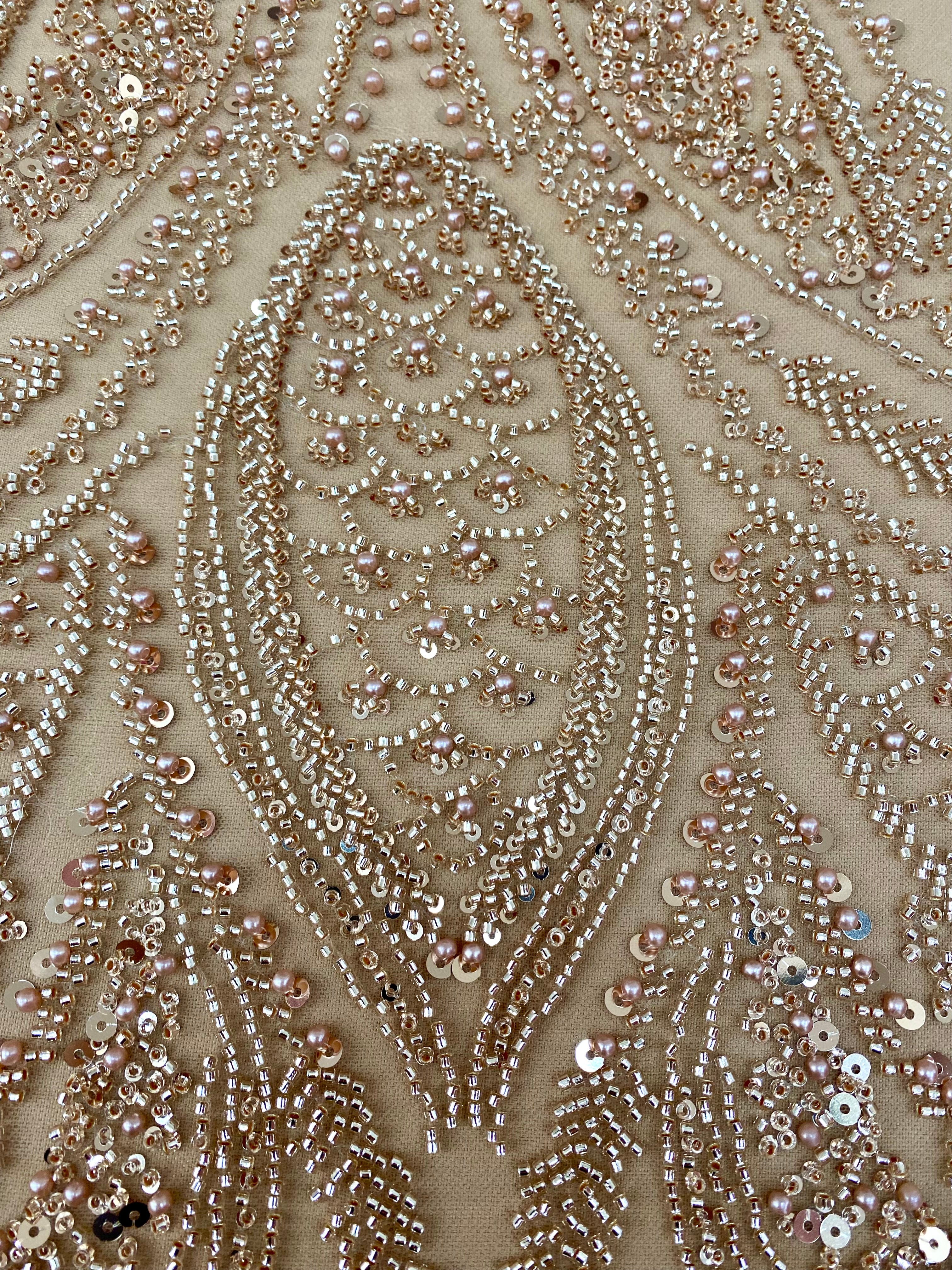 Dantela Couture Auriu Rose cu Panou, cu Perle, Margele si Paiete