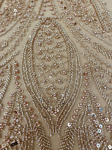 Dantela Couture Auriu Rose cu Panou, cu Perle, Margele si Paiete