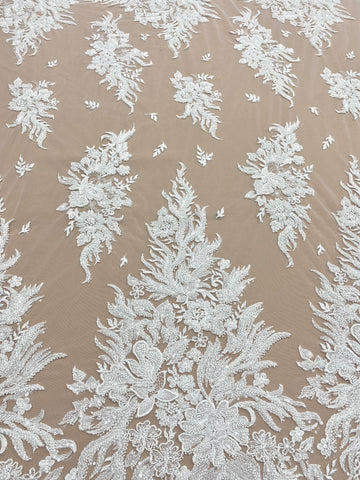 Dantela Couture Ivory cu Model Floral, cu Perle si Paiete